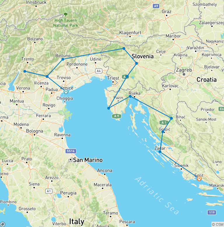 Map of Adriatic Discovery: Northern Italy, Slovenia and Croatia