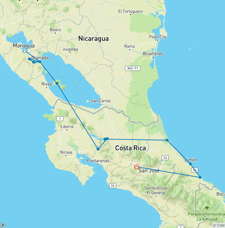 Map of Nature Adventure Trip Costa Rica & Nicaragua