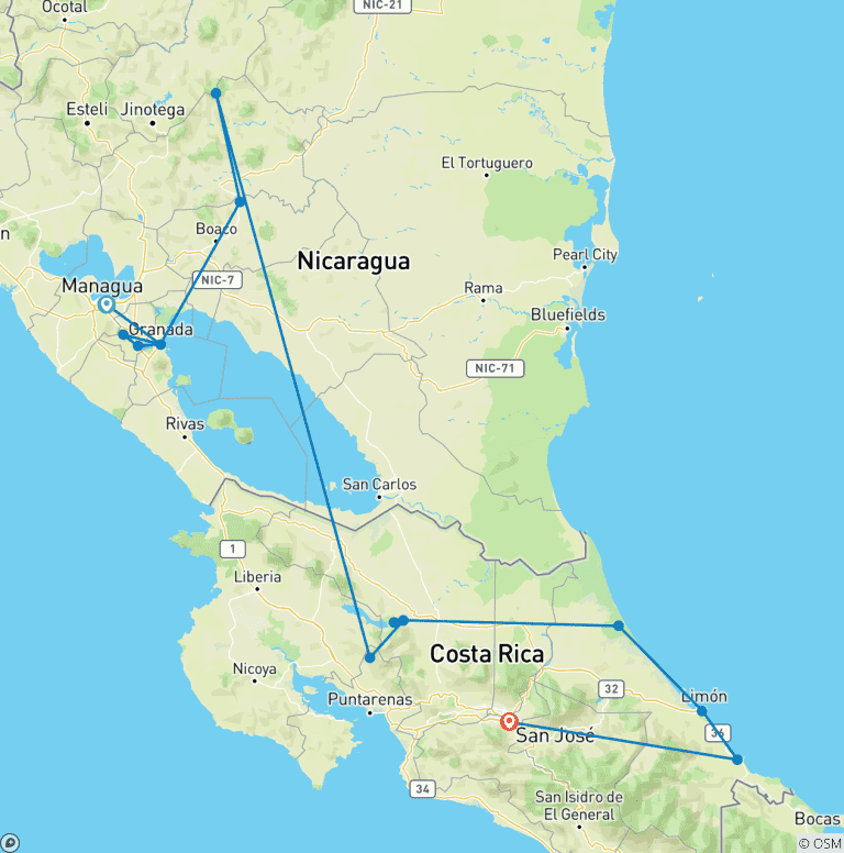 Map of Nature Adventure Trip Costa Rica & Nicaragua