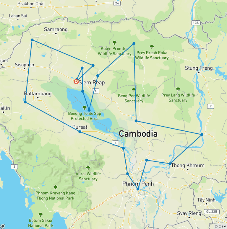 Map of Private Cambodia Adventure 14 Days Guided Tour
