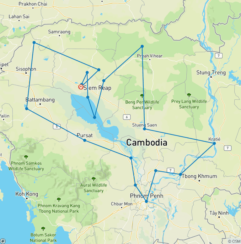 Map of Private Cambodia Adventure 14 Days Guided Tour