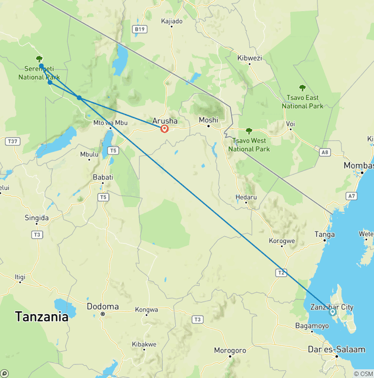 Map of 3 days Serengeti & Ngorongoro Fly-in Lodge safari from Zanzibar