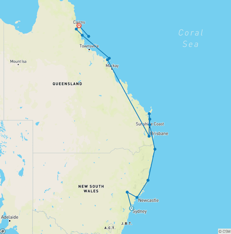 Map of Sydney to Cairns - 14 Day Boutique Tour