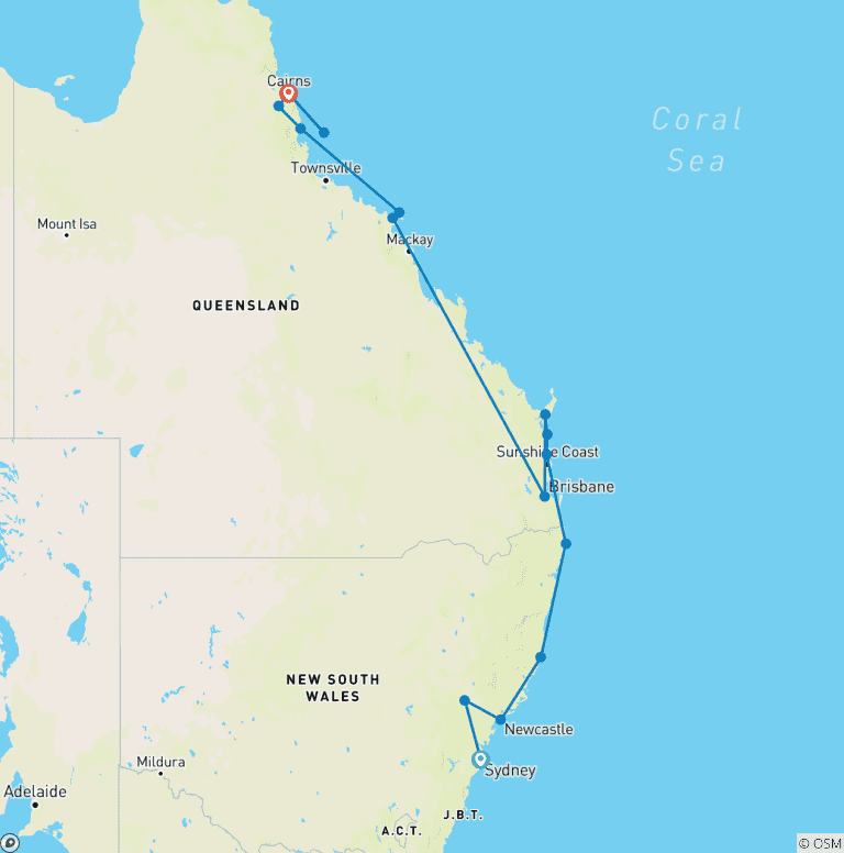 Map of Sydney to Cairns - 14 Day Boutique Tour