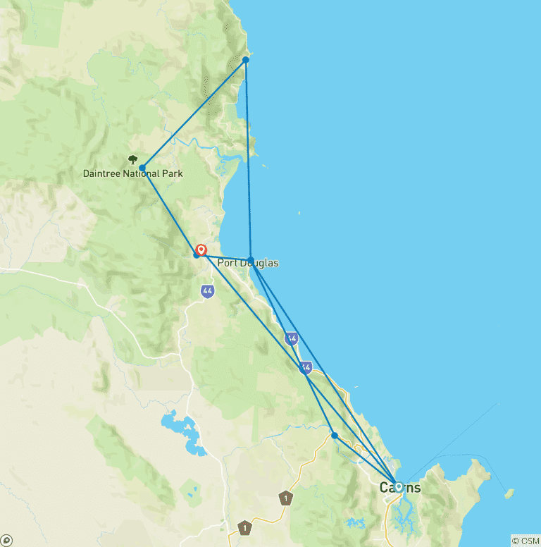 Map of Daintree Rainforest, Cape Tribulation & Port Douglas – 3 Day Boutique Tour