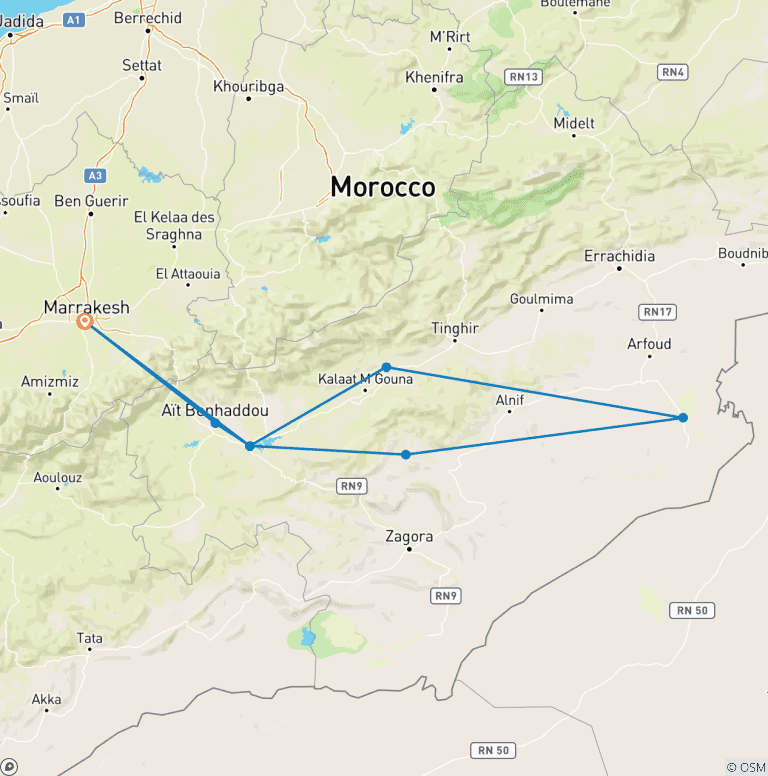 Map of 3 Days Desert Tour to Merzouga- Luxury Camp