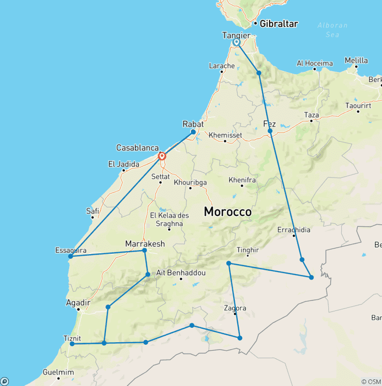 Map of 22 Days Tour From Tangier To Marrakech (Private)