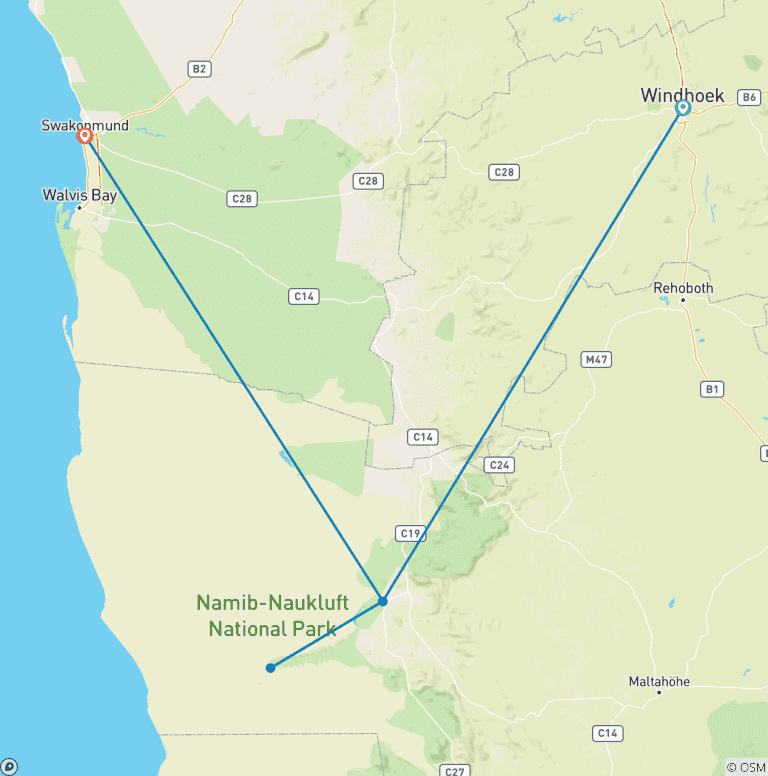Map of 3 Day Sossusvlei Budget Safari (Windhoek-Swakop)