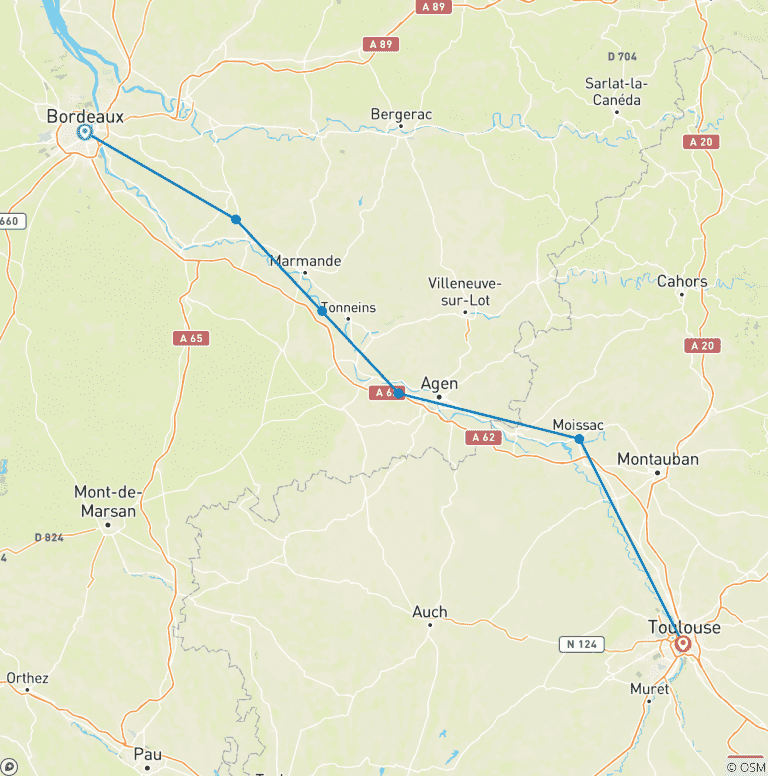 Map of From Bordeaux to Toulouse or Toulouse to Bordeaux by Bike Self-Guided