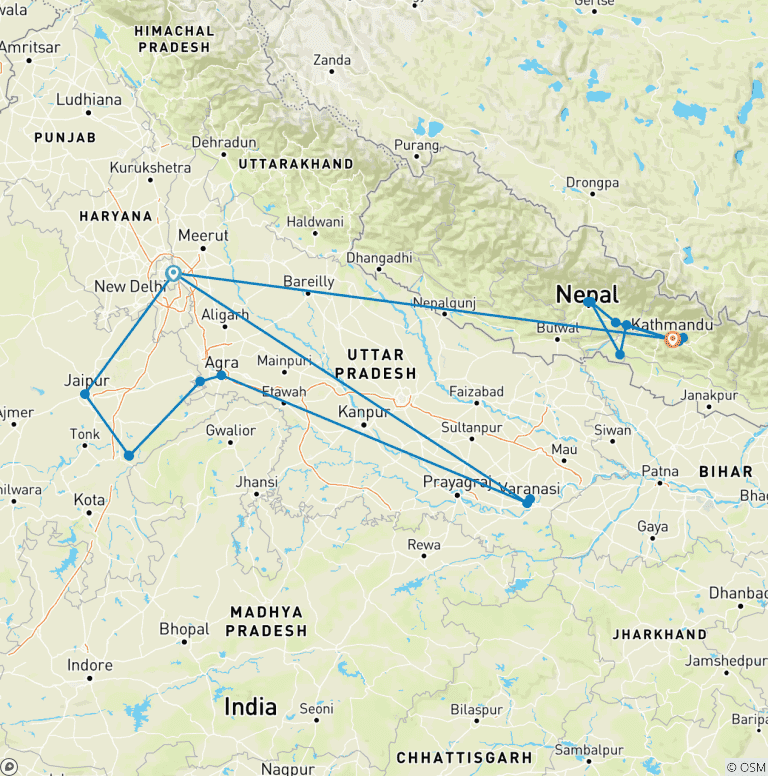 Map of Premium India and Nepal Tour