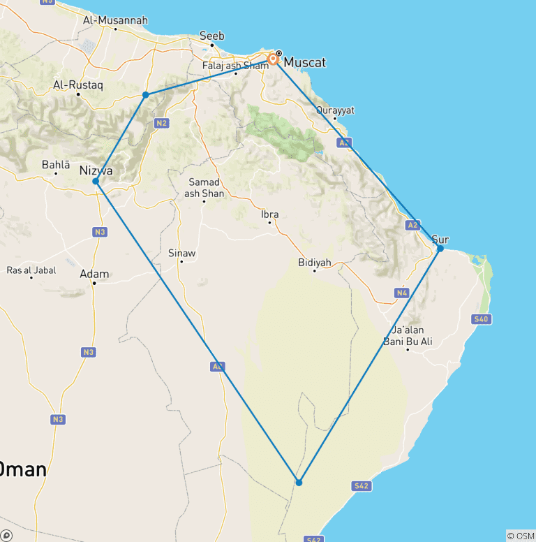Map of The Oman Complete - Escorted Tour in 4* Hotels – Full Board Plan