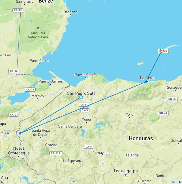 Map of Tailor-Made Best Honduras Family Tour with Daily Departure