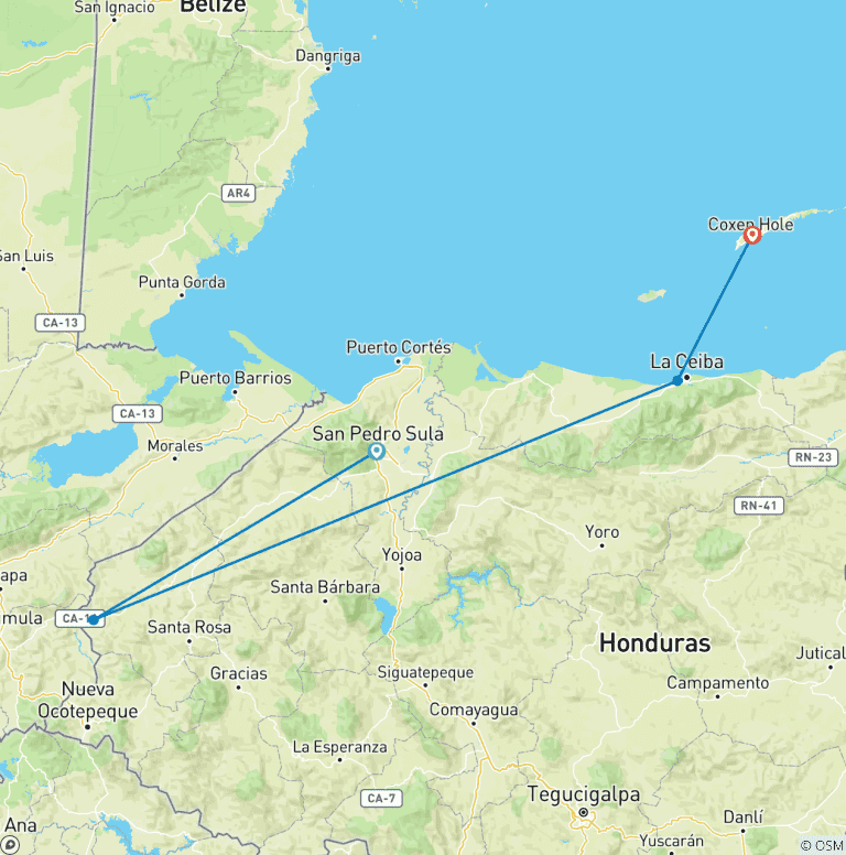 Map of Tailor-Made 10 Days Best Honduras Family Tour with Daily Departure