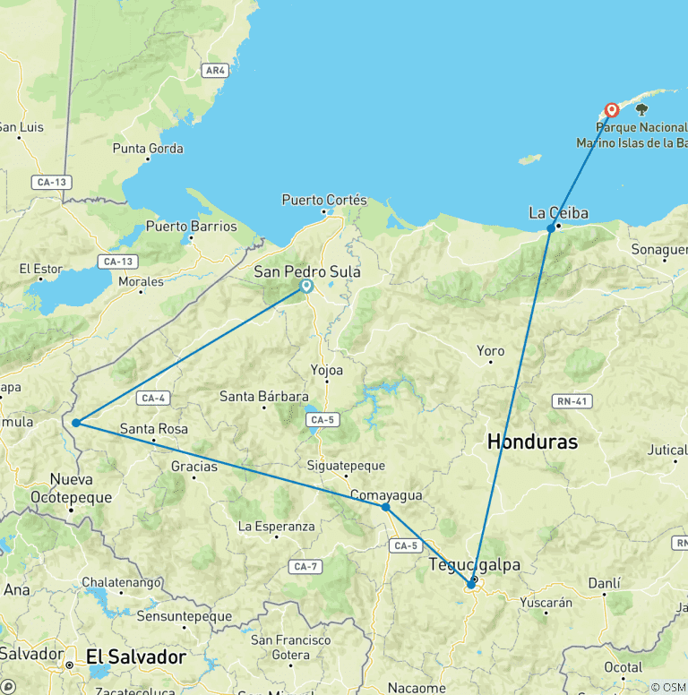 Map of Customized 14 Days Honduras Adventure, Daily Departure & Private Guide