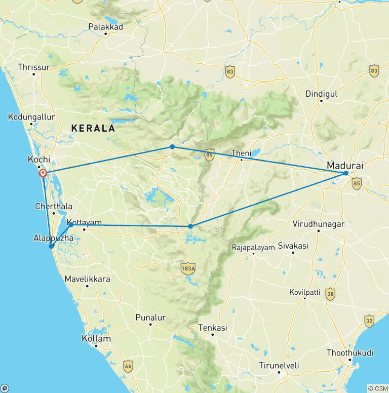 Map of Romantic Beaches and Backwaters 10 Days  Tour of Kerela