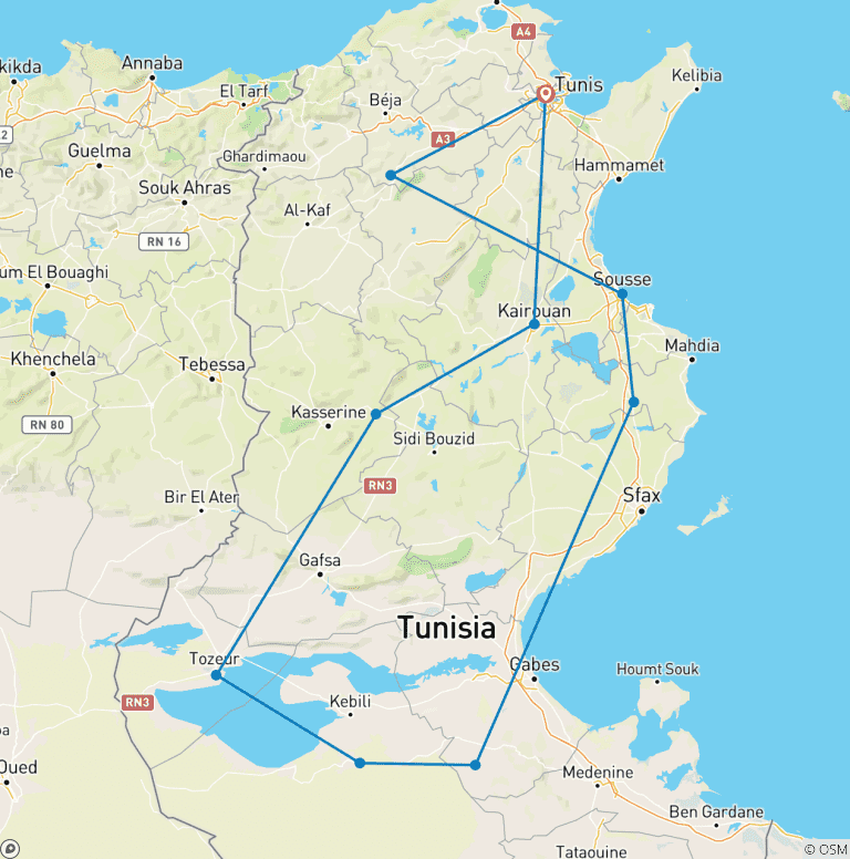 Map of Tailor-Made 9 Days Best Tunisia Family Trip, Daily Depart & Private Guide
