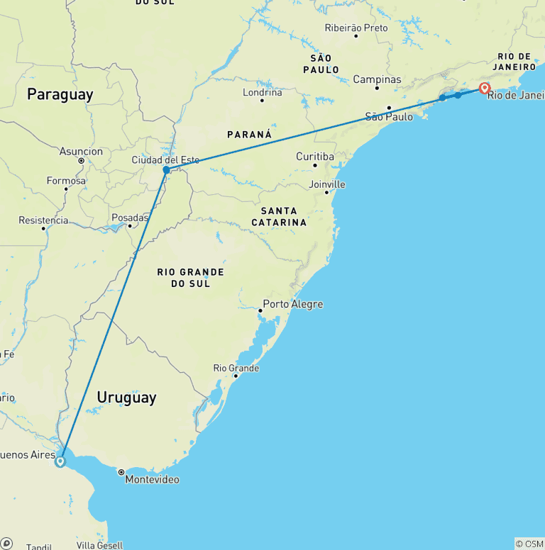 Map of Buenos Aires to Rio with Paraty and Ilha Grande(17 Days)
