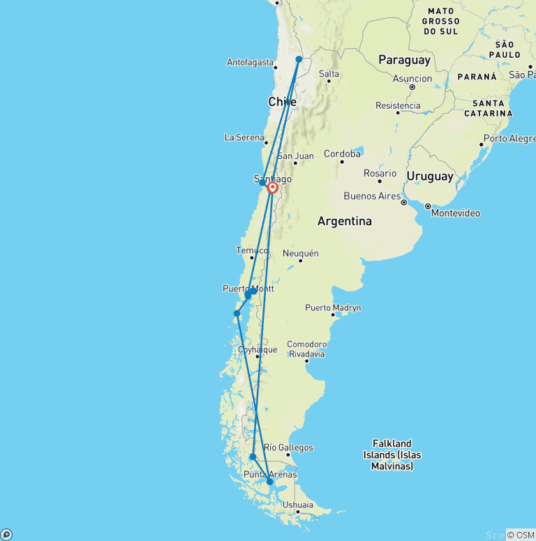 Map of 18 Days Santiago, San Pedro de Atacama, Puerto Varas and Patagonia