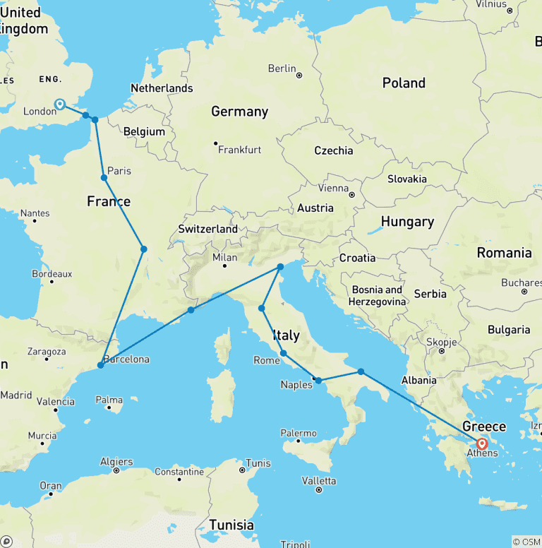 Map of London to Athens (Standard, Start Paris) (13 destinations)