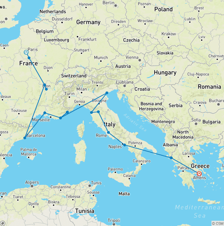 Map of London to Athens (Standard, Start Paris)