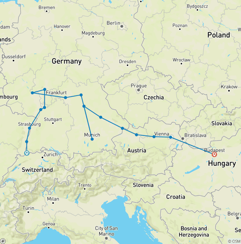Map of Christmastime from Basel to Budapest 2025