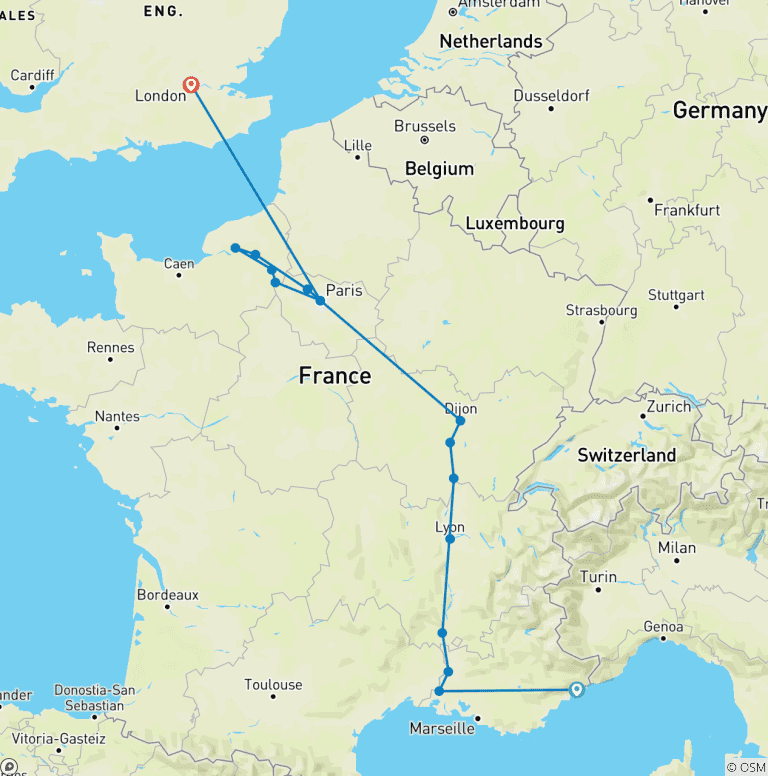 Map of Grand France with 2 Nights in French Riviera & 3 Nights in London (Northbound) 2025