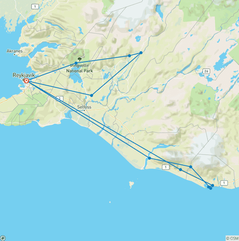 Map of 3 Day Winter Package with Golden Circle, South Coast & Aurora