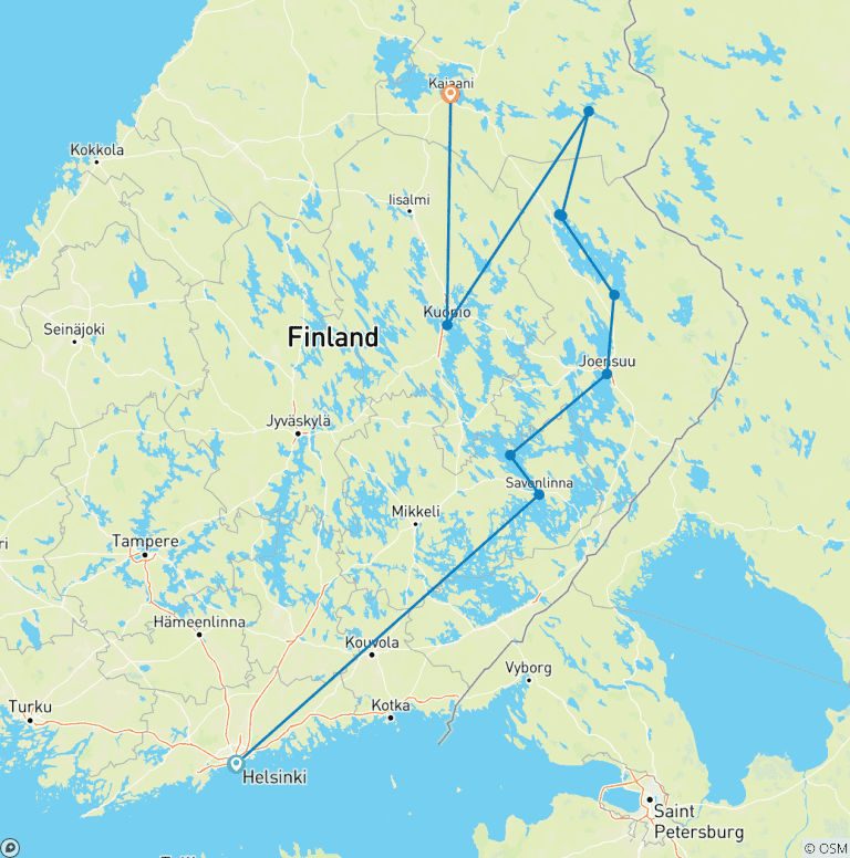 Map of Self-drive Tour Helsinki - Kuhmo With Happy Holidays Memories