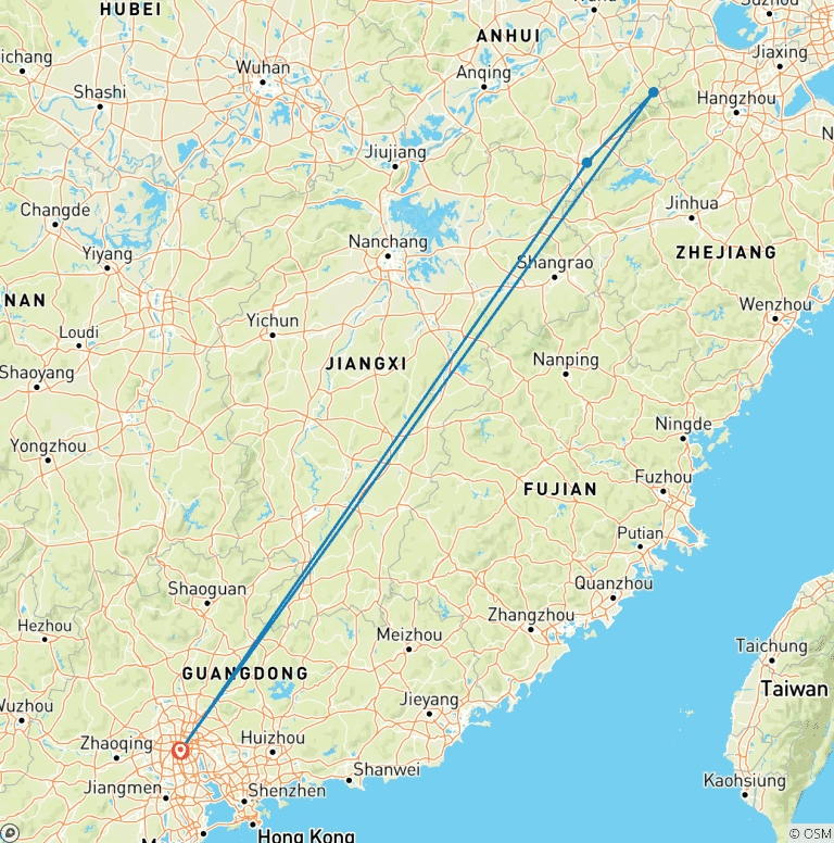 Map of 5-Day Explore Yellow Mount, Xidi & Hongcun Village by Round-way Flight from Guangzhou