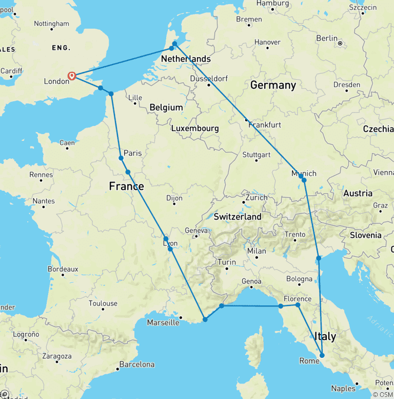 Map of European Highlights (Start London, Classic)