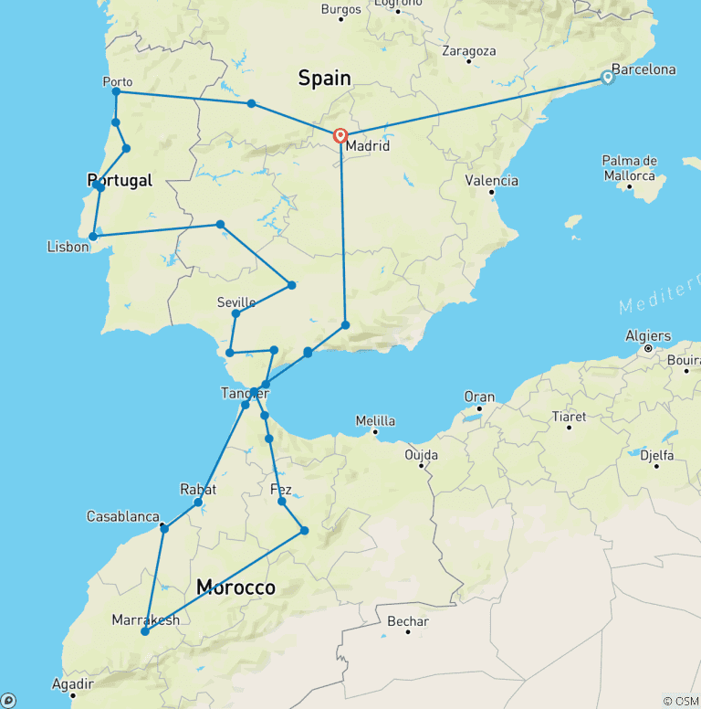 Map of Spain, Portugal & Morocco Encompassed - 23 days