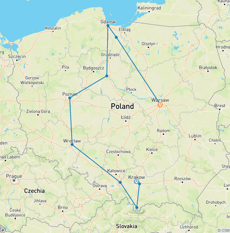 Map of Customized 12 Days Classic Poland Tour, Daily Depart & Private Guide and Car