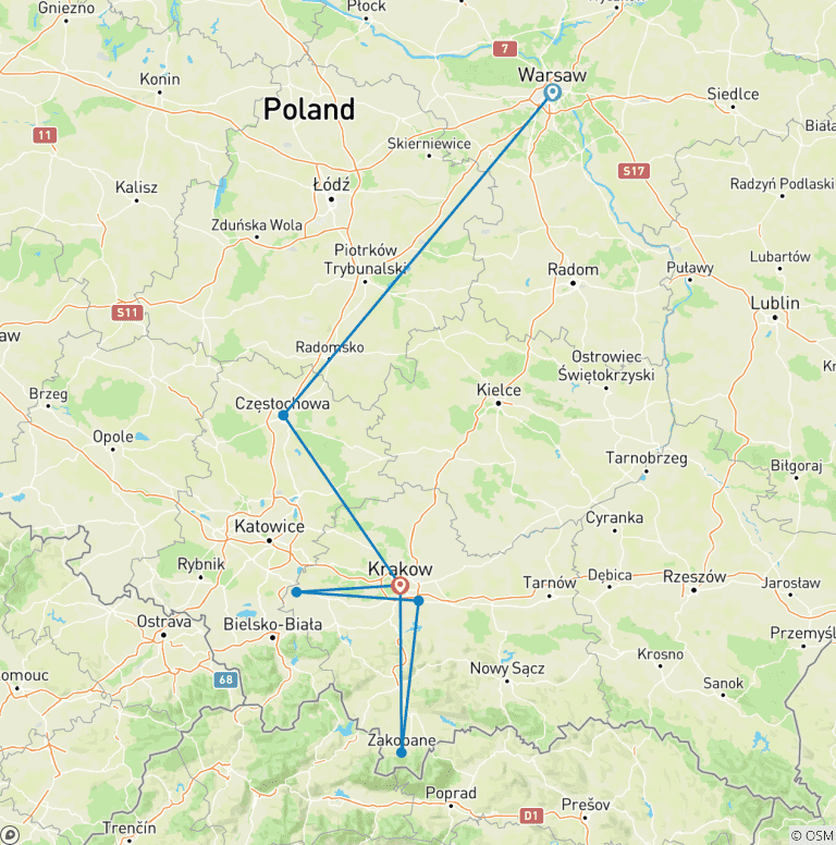Map of Tailor-Made 7 Days Private Trip to Southern Poland, Daily Start & Exclusive Car
