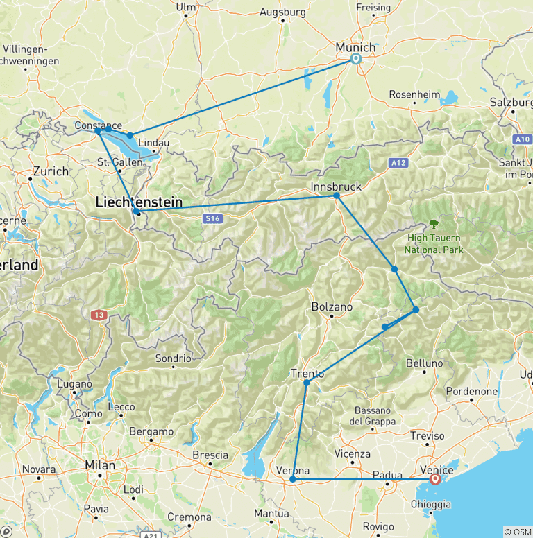 Map of Alpine Escape: Germany, Austria and Italy