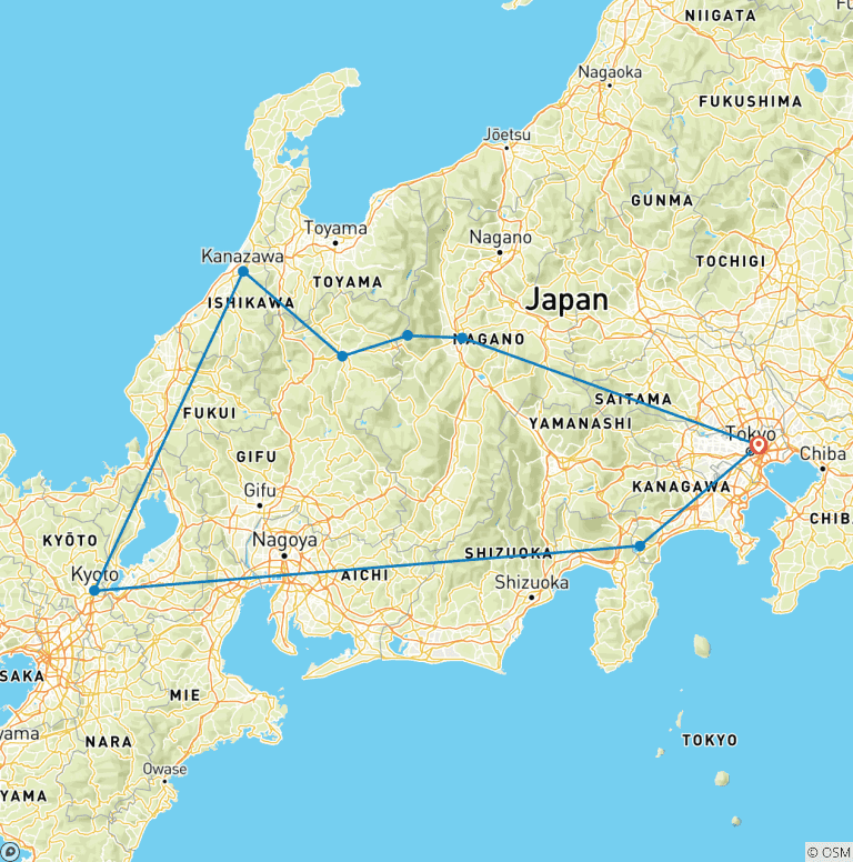Map of Alps Hiking Tour of Japan (Custom Private)