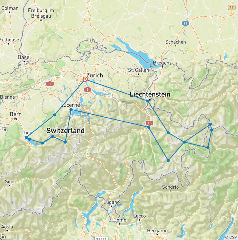 Map of Fall/Spring Swiss Alps Mountain Passes Driving Tour: Pre-set sat-nav guided