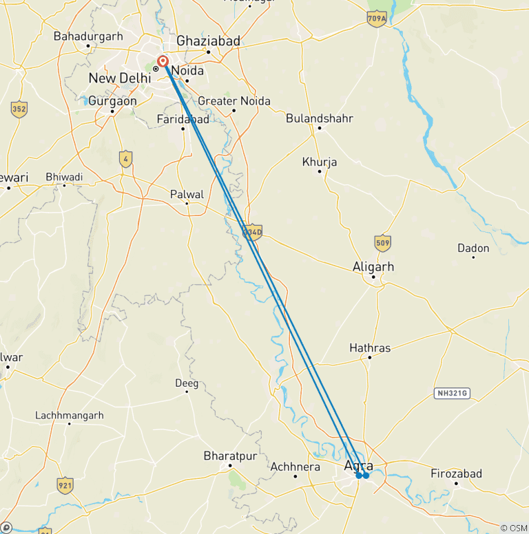 Map of Delhi To Agra Tour Package
