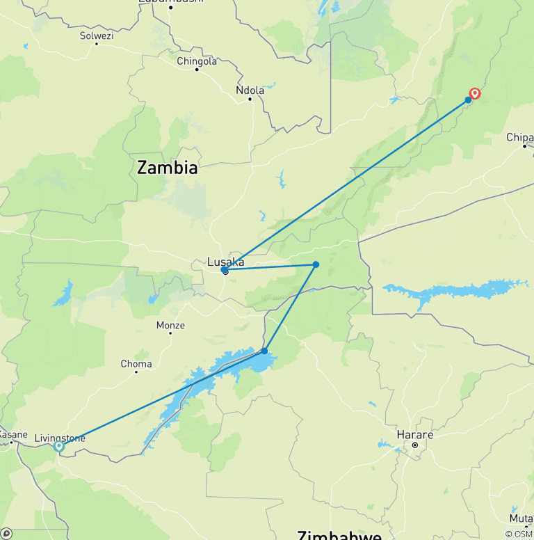 Map of Safari through the Zambezi and Luangwa Valleys