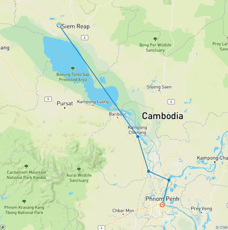 Map of Downstream Mekong River Cruise Tours from Siem Reap To Phnom Penh 3-Day