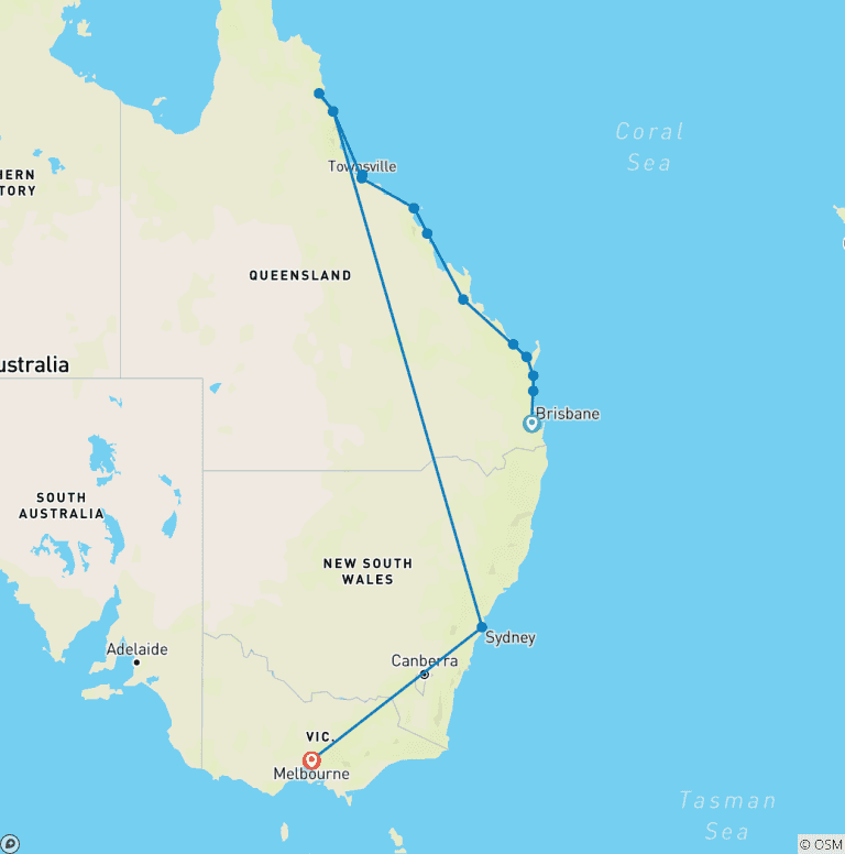 Map of Australian Road Trip: East Coast & Nature Adventure (from Brisbane to Melbourne)