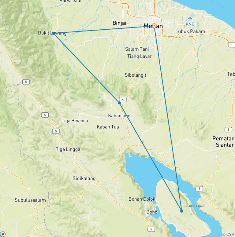 Map of 8 days group tour through North-Sumatra