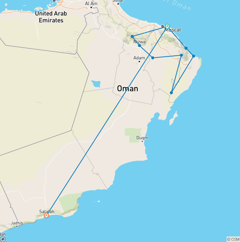 Map of Oman Trip - Grand Oman Round Trip from Muscat to Salalah