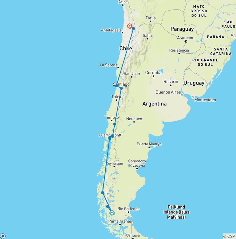 Map of All Chile from South to North With W-Trek and Navimag- 26 Days