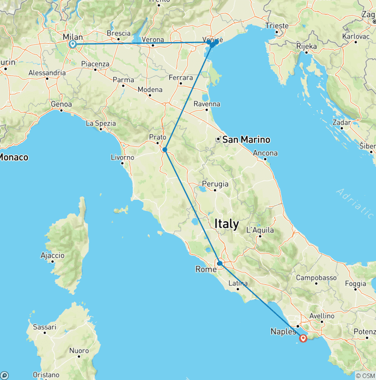 Map of Milan, Venice, Florence, Rome, Sorrento: essential (3*hotels) low carbon tour by train