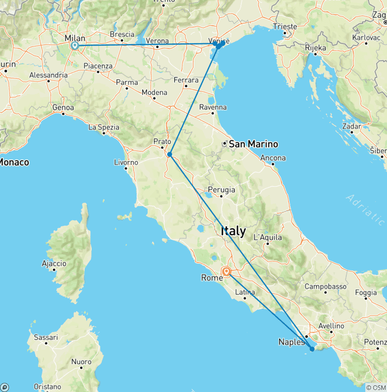 Map of Milan, Venice, Florence, Sorrento, Rome: essential (3* hotels) low carbon tour by train