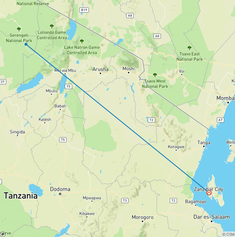 Map of Discover The World-class 3-Day Tanzania Safari From Zanzibar (Fly In - Fly Out)