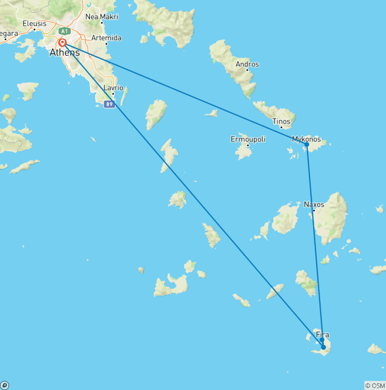 Map of Athens, Mykonos & Santorini Tour | 09 Days