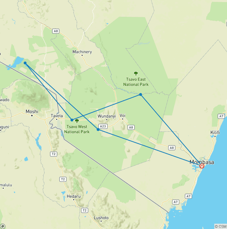 Map of 7 Days- Ngutuni Sanctuary, Taita Hills, Amboseli , Tsavo West and East Safari - Mombasa
