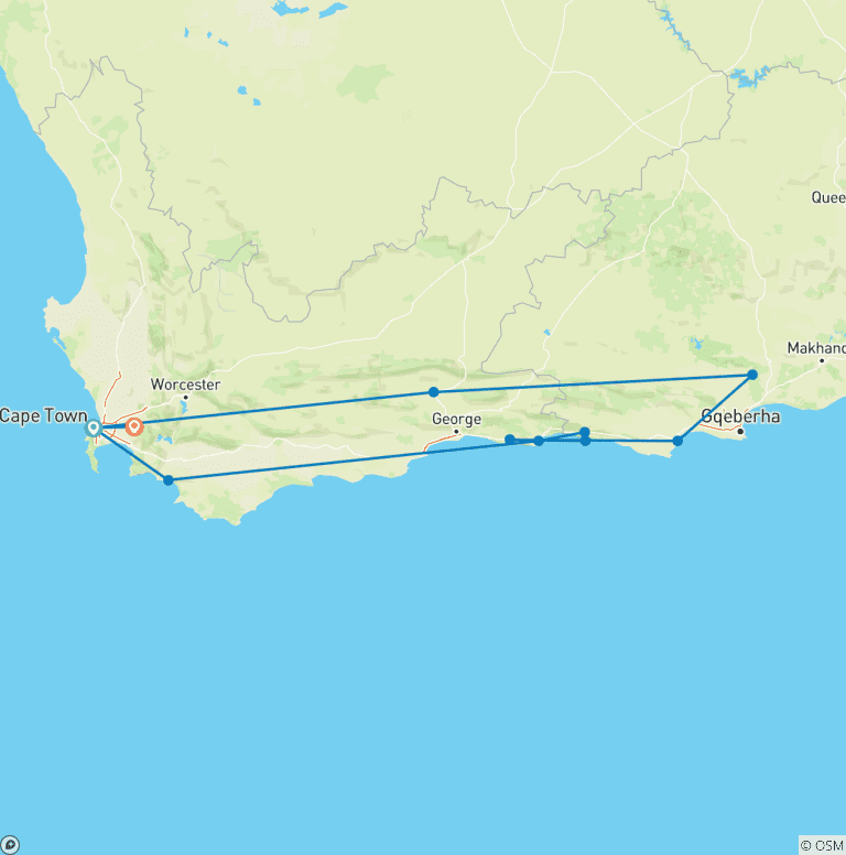 Map of Garden Route and Addo (7 Days)