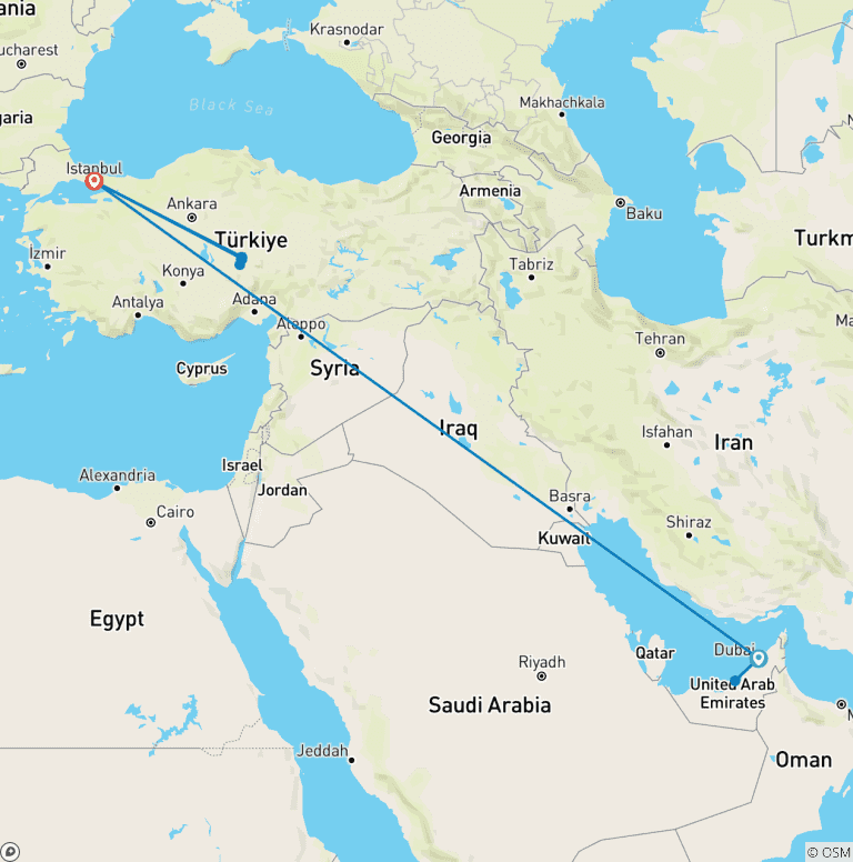 Map of 10 Days of Emirates and Turkey.